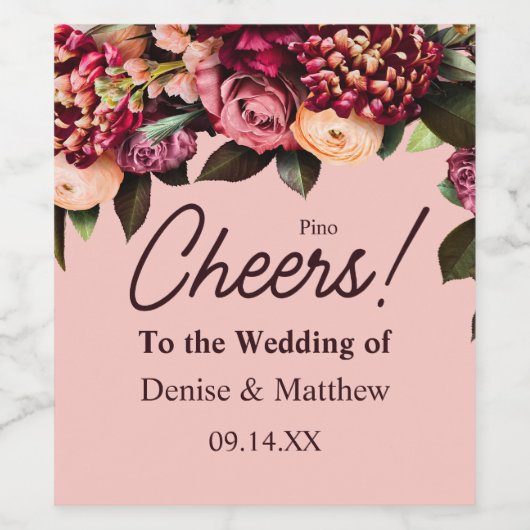 ロマンチックな菊のデザインがプリントされた、ほのかなピンクのラベル ワインラベル (シングルラベル)