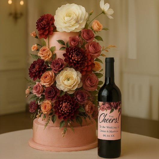 ロマンチックな菊のデザインがプリントされた、ほのかなピンクのラベル ワインラベル