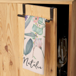 ロマンチックな葉の水の色のピンクモノグラムの色 キッチンタオル