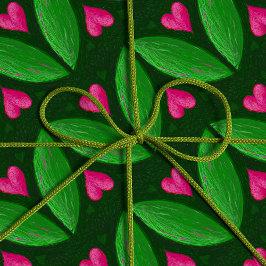 ロマンチックな葉ハートと – 緑とピンクの色 ラッピングペーパー