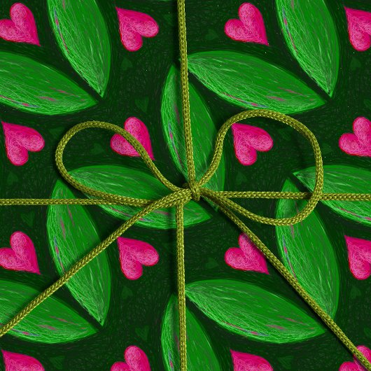 ロマンチックな葉ハートと – 緑とピンクの色 ラッピングペーパー