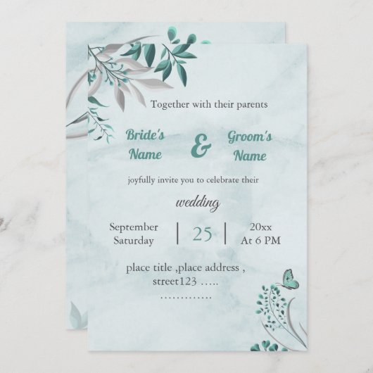 ロマンチックな葉青い蝶のフローラ結婚のカード 招待状 (正面/裏面)