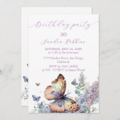 ロマンチックな薄紫と蝶の誕生日招待状 招待状 (正面/裏面)
