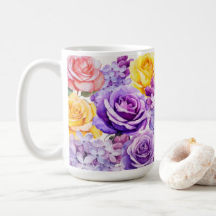 ロマンチックな薄紫の花とバラ コーヒーマグカップ