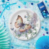 ロマンチックな薄紫の花と蝶 ペーパープレート (パーティー)