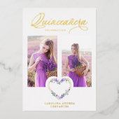 ロマンチックな薄紫シ実在ェーズ金ゴールドフローラハート写真 箔招待状 (正面)