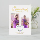 ロマンチックな薄紫シ実在ェーズ金ゴールドフローラハート写真 箔招待状 (立ち正面)