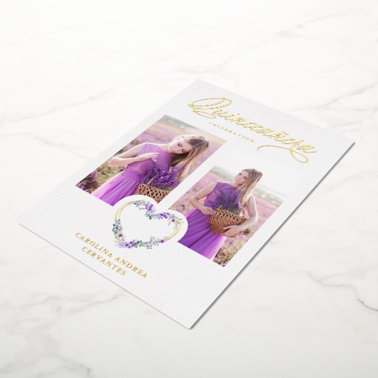 ロマンチックな薄紫シ実在ェーズ金ゴールドフローラハート写真 箔招待状 (回転した状態)