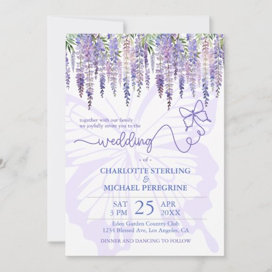 ロマンチックな薄紫フジテリアフェアリータリー庭園の結婚式 招待状 (正面)