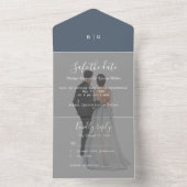 ロマンチックな薄紫結婚カップル写真は日付の安全 オールインワン招待状 (内側)