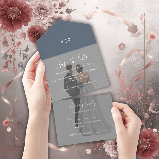 ロマンチックな薄紫結婚カップル写真は日付の安全 オールインワン招待状