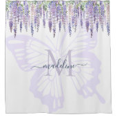 ロマンチックな藤と蝶モノグラムのスクリプト名 シャワーカーテン (正面)