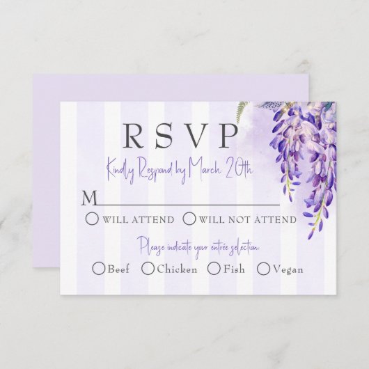 ロマンチックな藤の花の結婚式返信カード 出欠カード (正面/裏面)