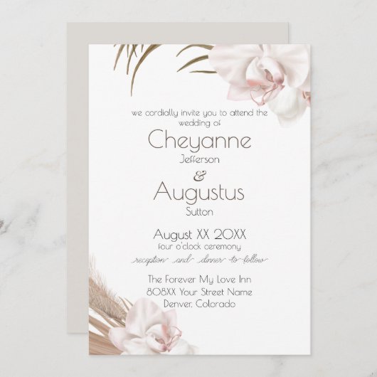 ロマンチックな蘭とパンパスグラス結婚ズ 招待状 (正面/裏面)