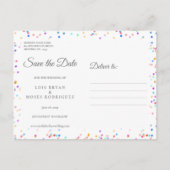 ロマンチックな虹の紙吹雪日付を保存 案内ポストカード (裏面)