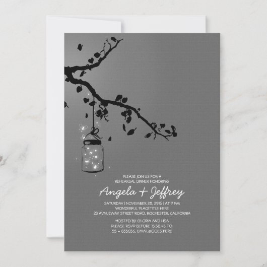 ロマンチックな蛍の石工の瓶のリハーサルディナー 招待状 (正面)