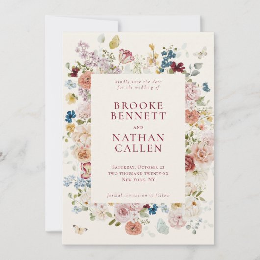 ロマンチックな蝶のフローラ結婚フレーム セーブザデート (正面)