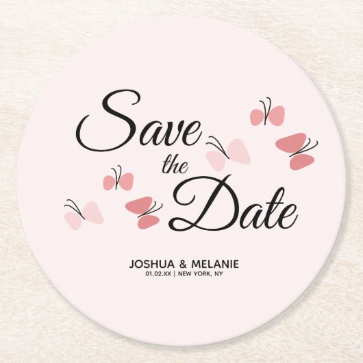 ロマンチックな蝶ピンクの日付を保存 ラウンドペーパーコースター (正面)