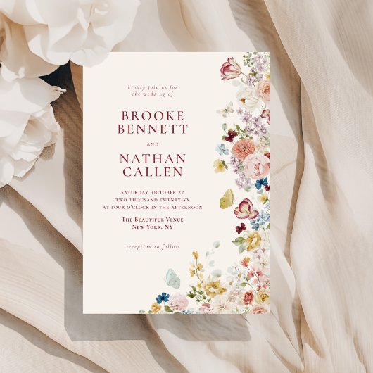 ロマンチックな蝶縁どフローラ結婚の 招待状