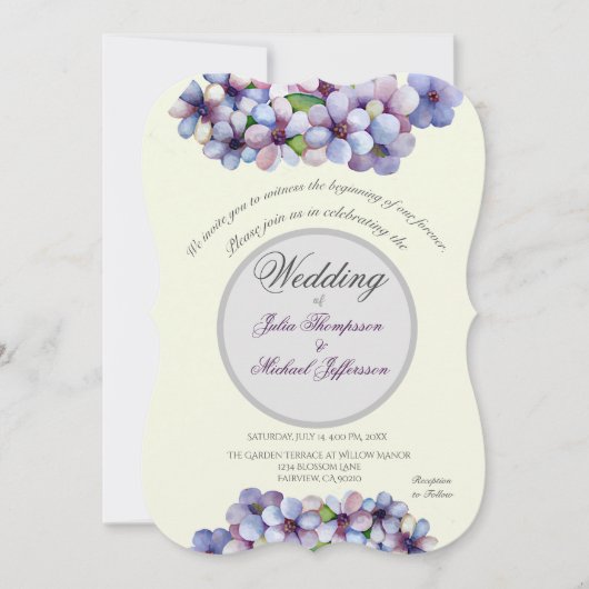 ロマンチックな詩的な薄紫水の色のフローラ 招待状 (正面)