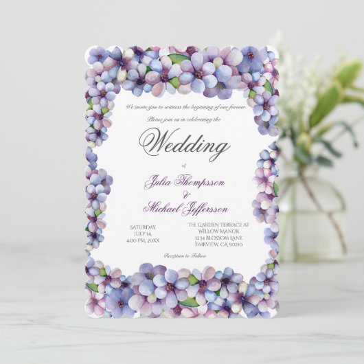ロマンチックな詩的な薄紫水の色のフローラ 招待状 (スタンド正面)