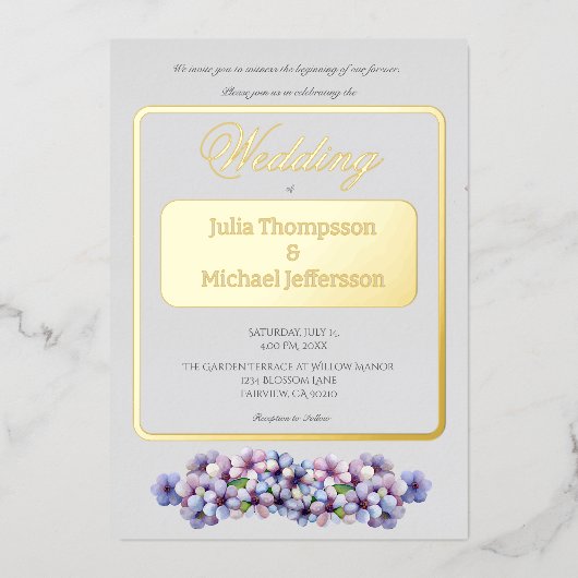 ロマンチックな詩的な薄紫水の色のフローラ 箔招待状 (正面)