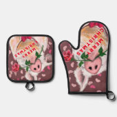 ロマンチックな豚とバラおもしろいクリスマス 鍋つかみ&鍋敷きセット (正面)