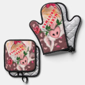 ロマンチックな豚とバラおもしろいクリスマス 鍋つかみ&鍋敷きセット (正面/裏面)