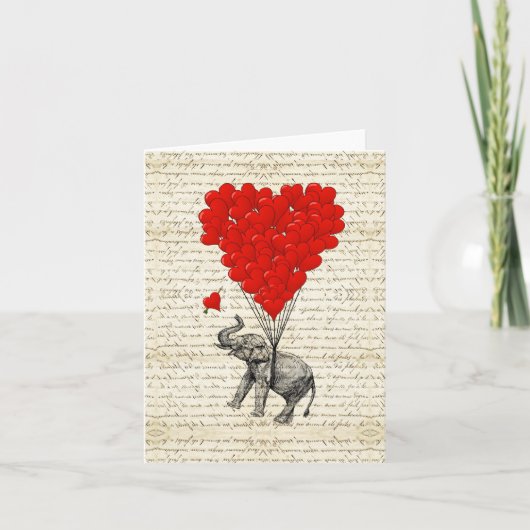 ロマンチックな象とハートの風船 カード (正面)