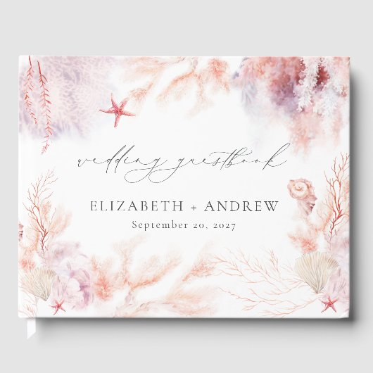 ロマンチックな貝殻とサンゴ　海中の生命　結婚式 ゲストブック (正面)