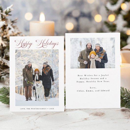 ロマンチックな赤いスクリプトハッピーホリデー2写真 シーズンカード