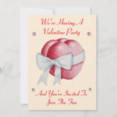 ロマンチックな赤いハートと白い弓バレンタインパーティー 招待状 (正面)