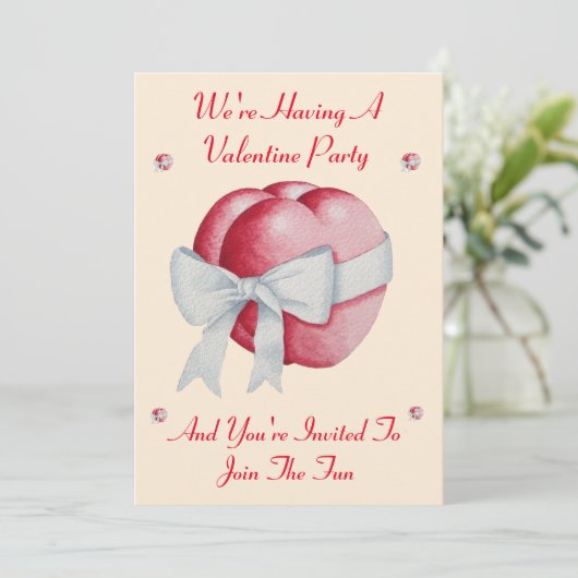 ロマンチックな赤いハートと白い弓バレンタインパーティー 招待状 (スタンド正面)