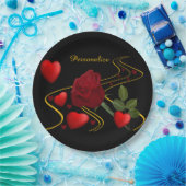 ロマンチックな赤いハートのパーソナライズバラ金ゴールドリボン ペーパープレート (パーティー)