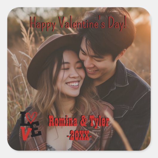ロマンチックな赤いハート写真と名前をカスタムする スクエアシール (正面)