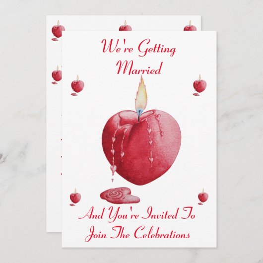 ロマンチックな赤いハート型の結婚ろうそく 招待状 (正面/裏面)