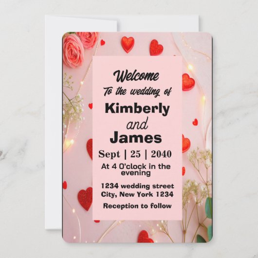 ロマンチックな赤いハート&バラ結婚式招待状 招待状 (正面)