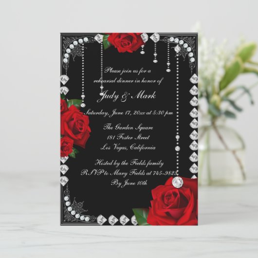 ロマンチックな赤いバラとダイヤモンドのリハーサルディナー 招待状 (スタンド正面)
