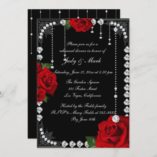 ロマンチックな赤いバラとダイヤモンドのリハーサルディナー 招待状 (正面/裏面)