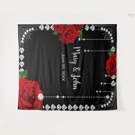 ロマンチックな赤いバラとダイヤモンドの写真の背景 タペストリー (正面(横))