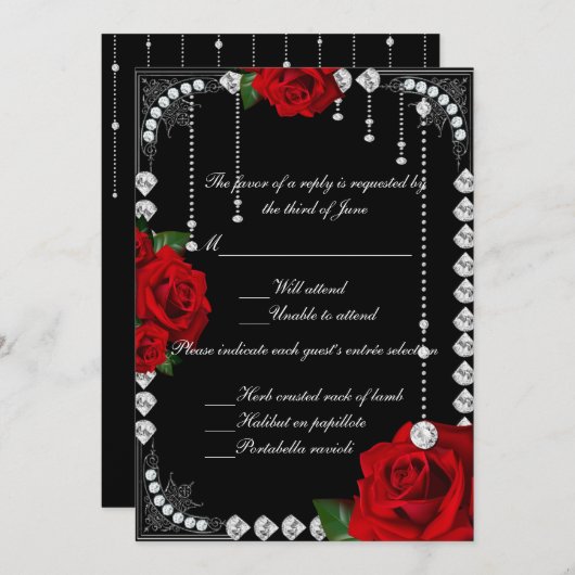 ロマンチックな赤いバラとダイヤモンドの応答カード 招待状 (正面/裏面)