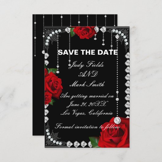 ロマンチックな赤いバラとダイヤモンドのSave The Date (正面/裏面)