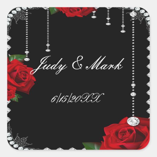 ロマンチックな赤いバラとダイヤ結婚ズシール スクエアシール (正面)