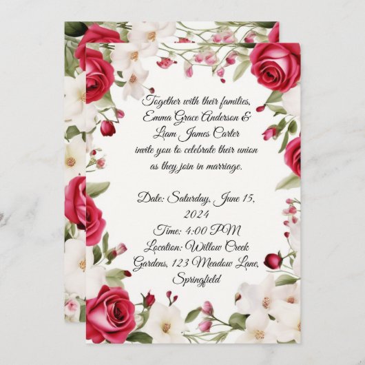 ロマンチックな赤いバラと谷の結婚リリー 招待状 (正面/裏面)