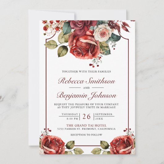 ロマンチックな赤いバラのフローラ写真QRコード結婚ズ 招待状 (正面)