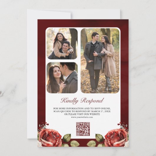 ロマンチックな赤いバラのフローラ写真QRコード結婚ズ 招待状 (裏面)