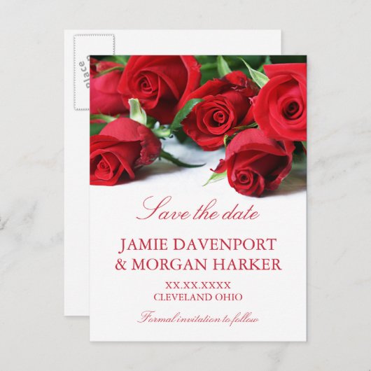 ロマンチックな赤いバラの結婚式の日付を保存 案内ポストカード (正面/裏面)