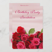 ロマンチックな赤いバラの誕生日パーティーの花束 招待状 (正面/裏面)