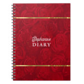 ロマンチックな赤いバラの金ゴールドストライプアクセント ノートブック (正面)