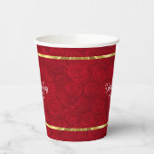ロマンチックな赤いバラの金ゴールドストライプアクセント 紙コップ (左)